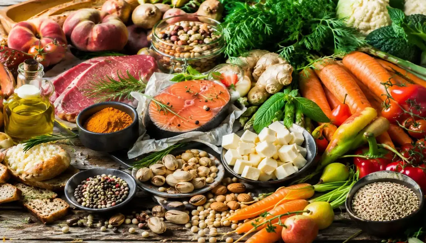 Cibo sano e consapevole — bowl con riso, uova e verdure fresche